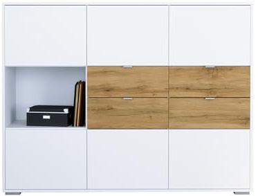 Vladon Highboard Milano V2, Sideboard mit 6 Türen Weiß matt und 4 Schubladen Eiche Evoke, Made in Germany, Korpus Weiß matt (152,5 x 118x 37 cm)