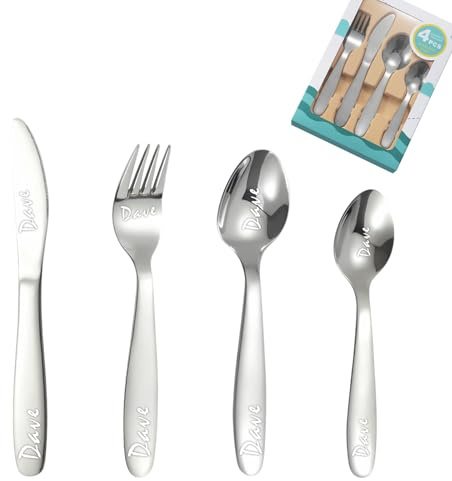 Individuell graviertes Besteck, 1 Set von 4 Stück, personalisiertes Besteck für Erwachsene, Gabel, Messer, Löffel und Teelöffel graviertes Edelstahl-Besteck-Set