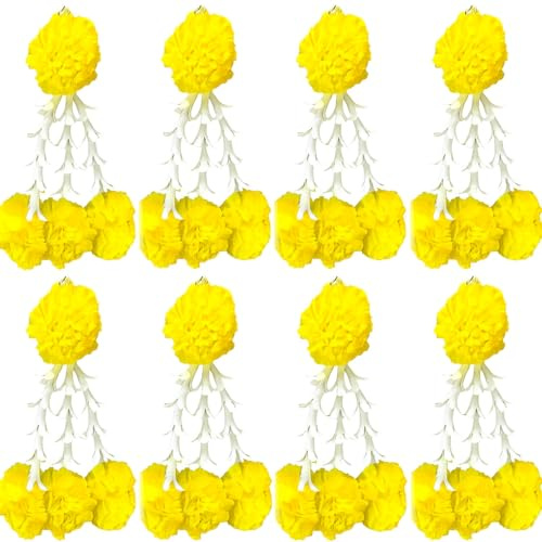 zig zag Paquete de 4 borlas de caléndula y tuberosa artificiales para decoración de Diwali, decoración del hogar, Eid, boda y festival (6 pulgadas, amarillo)