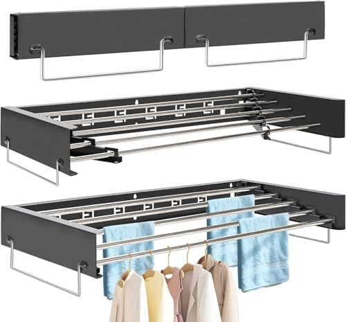 FREEAMG Wäscheständer Wandmontage, 80CM Klappbarer Wandtrockner, Schwarz | Wäscheständer mit Sechs Edelstahl-Kleiderstangen, Klappbarer Wäscheständer Wand, Wäschetrockner Wand für Drinnen und Draußen