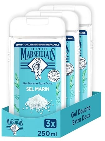 Le Petit Marseillais, Gel Douche Extra Doux Sel Marin (flacon de 250 ml) – 92% d'ingrédients d'origine naturelle et pH neutre pour la peau – Flacon entièrement recyclable (Lot de 3)