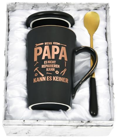 Joymaking Vatertagsgeschenk für Papa Tasse mit Spruch - Wenn Papa es nicht reparieren kann, kann es keiner - Geschenkidee zum Vatertag von Sohn Tochter Vatertag Geschenk für Papa, 400ML Schwarz