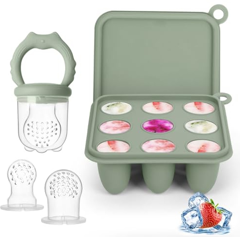 Silikon Fruchtsauger Baby Babybrei Einfrieren Behälter Set | Lebensmittel Zum Kühlen Und Lindern Des Zahnens, Selbstfütterung Zum Obst, Muttermilch, inklusive 3 zusätzlichen Schnullern