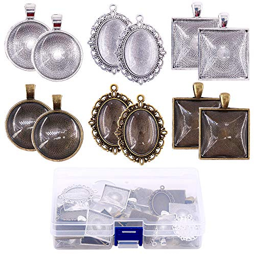 Glarks 72-Pieces Round & Oval & Square Pendant Trays with Glass Cabochon Dome Tiles Clear Cameo for Crafting DIY Jewelry Making