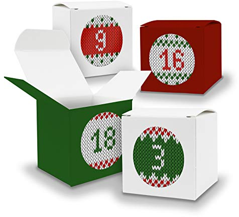 DIY itenga AdventskalenderSet V15 Z28 zum Selberbefüllen 24x Quader Würfel gemischt rot grün weiß + Sticker