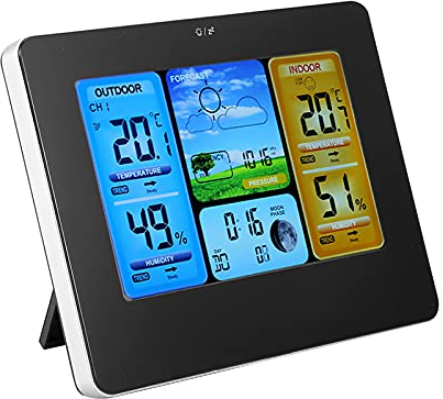 Kabellose Wetterstation für Innen und Außenbereich,LCD-Digital kabellose Wetterstation,Uhr tragbar für Wandmontage oder nach rechts Thermometer(schwarz)