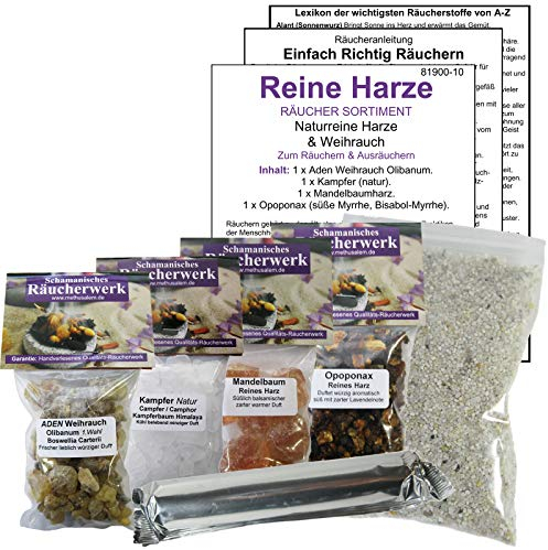 4 x Reine HARZE (200ml) 8-TLG RÄUCHERSORTIMENT (4 x ZUBEHÖR). Aden WEIHRAUCH + MANDELBAUMHARZ + NATURKAMPFER + OPOPONAX (süße Myrrhe) zum Räuchern & Ausräuchern. 81900-10