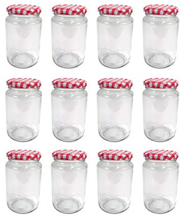 Britten & James 370ml Glass Jam Jar with Red Gingham Twist Top Lid - Pack of 12. Perfect for Home Made Jam, Pickles and Chutney