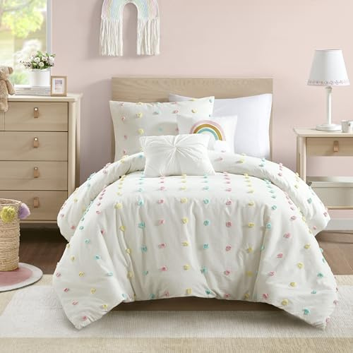 Intelligent Design Kids Duvet Cotton Jacquard Weave Colorful Poms Accent, Shabby Chic Cover for Comforter Cozy Bedding Set, Matching Shams, Decorative Pillows, Twin/Twin XL, Ivory, 4 Piece