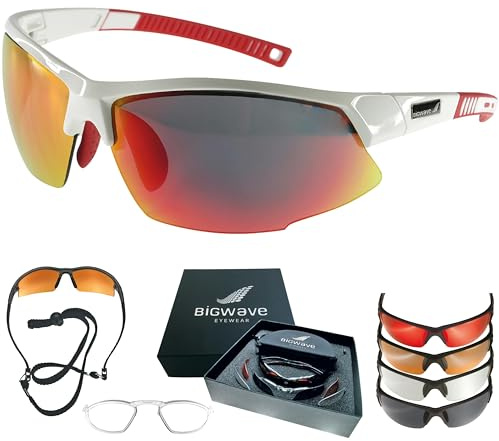 BIGWAVE Pro-Active 905 weiss – Superentspiegelte Premium UV 400 Sportbrille mit 4 Wechselgläsern–Radsportbrille mit schmutzabweisender Clean-Coat Beschichtung für Damen und Herren