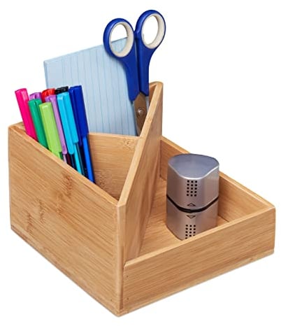 Relaxdays Stiftehalter Bambus, Schreibtisch Organizer, Büro, 3 Fächer, HxBxT: 10,5 x 16,5 x 16,5 cm, Stiftebox, Natur