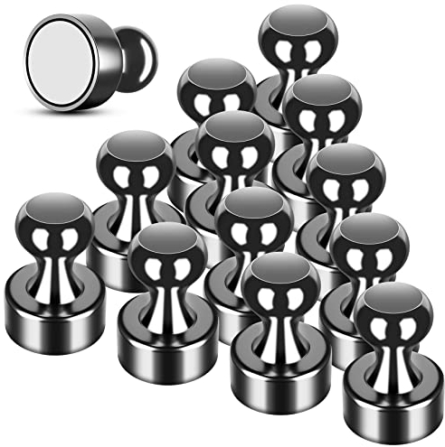 Fridge Magnets, 16 Pack 12 x 16 mm Black Neodymium Magnetic Push Pins, Strong Whiteboard Magnets, Magnetic Thumb Tacks, Push Pins for Whiteboard, Magnet for Fridge, Office, Map, Photo
