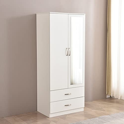 PALAKLOT Stylish 2 Door Mirrored Wardrobe with 2 Drawers | Matt Finish | Modular Cabinet for Space Saving | Ideal Storage Organizer 183x76x50 cm (White)