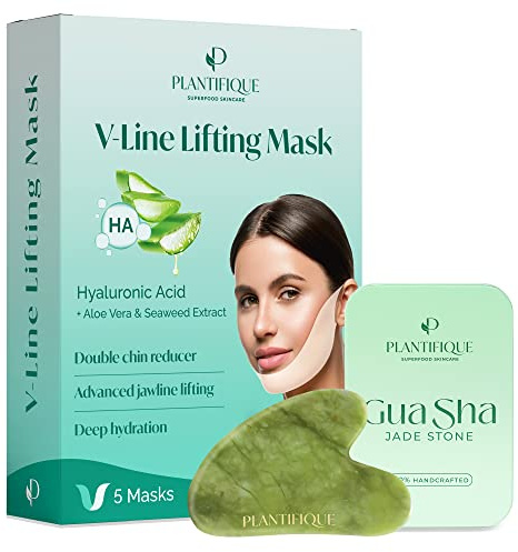 PLANTIFIQUE Jade Gua Sha Stein für Gesichtsmassage & Plantifique Gesichtsmaske V-line Hyaluron Face Mask 5er Set