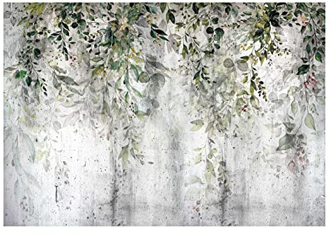 WallArena - Vlies Fototapete Blätter Grüne Pflanzen Natur Beton Vintage Retro 208x146 cm - Fototapeten Tapeten für Wohnzimmer Schlafzimmer Vliestapete Wandtapete Tapete 3D Effekt- inkl. Kleister