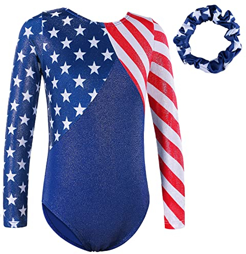 BAOHULU Gymnastikanzug für Kleinkinder und Mädchen, patriotisch, glitzernd, athletisches Tanz-Set, Amerikanische Flagge Set lang, 9-10 Jahre