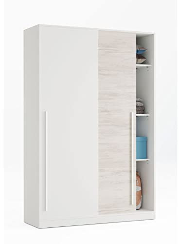 Mobelcenter, Armario 2 Puertas Correderas Elliot Juvenil, 3 estantes y Barra de Colgar, Blanco Artik y Blanco Velho, Medidas: Ancho: 120 cm x Fondo: 50 cm x Alto: 200 cm (1384)