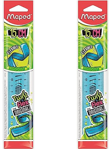 MAPED Twist'n Flex Lineal, flach, weich, verspielt, bruchsicher, Lineal, 15 cm, doppelte Skala, Blau (Packung mit 2)