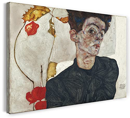 Printed Paintings Leinwandbild (40x30cm) Egon Schiele: Selbstportrait mit Physalis, Leinwand auf Keilrahmen gespannt und fertig zum Aufhängen, hochwertiger Kunstdruck aus deutscher Produktion