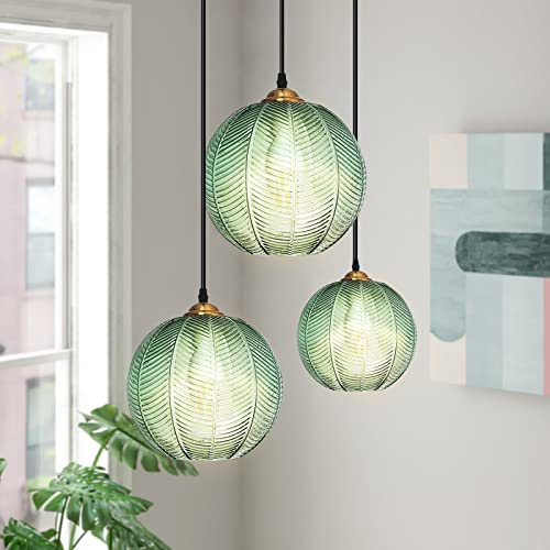 3-Flammige Pendelleuchte Esstisch Pendelleuchte Glas Hängelampe Deckenlampe Grün Lampenschirm HöHenverstellbar Hängelampe, Moderne Deckenleuchte Kronleuchter Esszimmerlampe für KüChe Schlafzimmer
