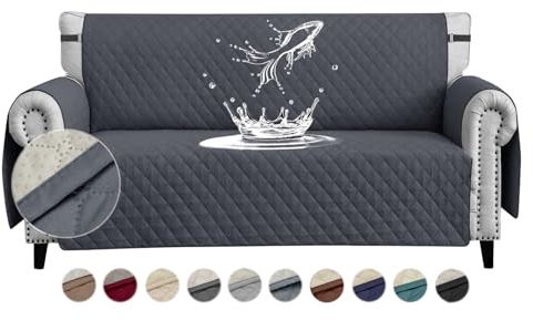 FIGOOO wasserdichte Sofabezug 4 Sitzer Dicke Sofaschoner Wasserdicht Reversible Gesteppte Sofa Überzug mit Seitentaschen Sofaüberwurf rutschfest Kratzfest für Haustiere Hunde Katzen,Dunkelgrau