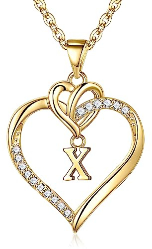 TINGN Collier de Lettres en Or pour Femme, Plaquée Or 14 Carats Collier Initiale avec Pendentif en Forme de Cœur CZ pour Femme Or Collier Lettre X pour Mères Cadeaux pour Femme Filles Bijoux