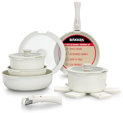 Bakken 15-Piece Non-Stick Cookware Set with Detachable Handles – Granite Stackable Pots and Pans Set, Dishwasher Safe, Oven-Safe, and Compatible Kitchen Essential for All Stoves – Cream