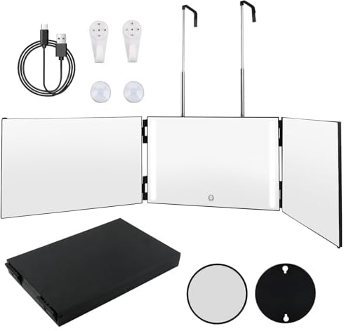 360 Grad Spiegel, MXTINWAN 3 Wege Spiegel mit Halterungen, Aufhängen - Klappspiegel Rasierspiegel, Haken Verstellbarer Kosmetikspiegel, Mirror für Make-up, Duschspiegel, Rasierspiegel