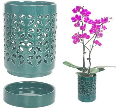pavtner Vaso per orchidee in ceramica da 10 cm, con fori, vaso per piante per rinvaso, vaso per fiori per interni ed esterni, traspirante con scanalature, verde