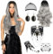 Karneval Perücke Grau Damen, 70cm Perücke Frauen Kostüm Halloween, Grau Perücken Lange mit Gotisch Halskette Armbänder und Aufkleber, Grey Wig Lang Haar Gelockt für Halloween Karneval Kostüm Party