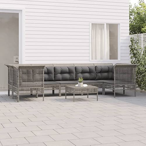 LAPOOH 8-TLG. Garten-Lounge-Set mit Kissen Grau Poly Rattan, Lounge Gartenmöbel Set, Terassenmöbel Wetterfest, Loungemöbel Terrasse, Gartenlounge, Garten Loungemöbel Set, 3187565