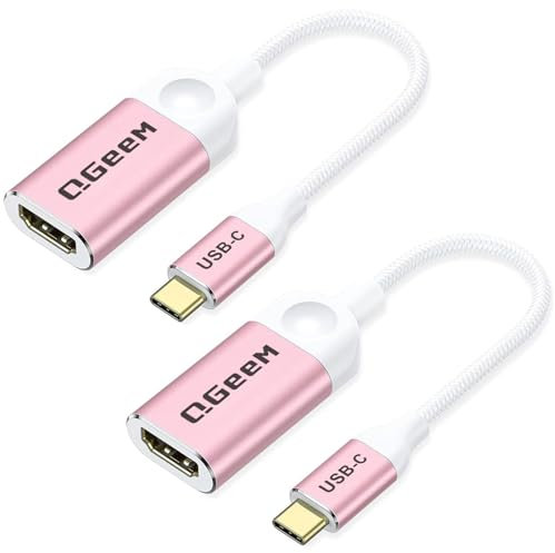 QGeeM USB C to HDMI Adapter 4K Cable, USB Type-C to HDMI Adapter [Thunderbolt 3/4] for Laptop MacBook Pro/Air, iPhone15 Pro max, Dell XPS, HP.Pixelbook, Thinkpad,Surface,etc.-Pink-2Packs