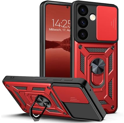 LBH Armor Hülle für Samsung Galaxy S24 Case mit Kameraschutz Outdoor Stoßfest Handyhülle 360 Grad Metal Ring Halter Ständer Schutzhülle für Handyhalterung Auto Magnet Rot