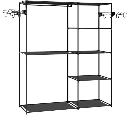 WOLTU Penderie Vêtement, Armoire Chambre, Dressing, Portant à Vêtement, avec 8 Étagères de Rangement, Barre de Suspension, Crochets, en Métal et Tissu, Noir