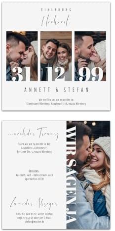 Individuelle Foto Hochzeitseinladungen ab 10-100 Stück mit 4 eigenen Bildern und Text selbst gestalten Foto Meilenstein Motiv, 148x148mm, dickes 300g/qm Papier, Umschläge optional