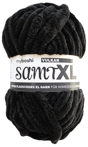 myboshi Samt XL, kuscheliges, extra dickes Chenillegarn, super chunky, zum Häkeln und Stricken, XXL-Knäuel, 100g, Ll 40m, Schwarz (Vulkan) 1 Knäuel