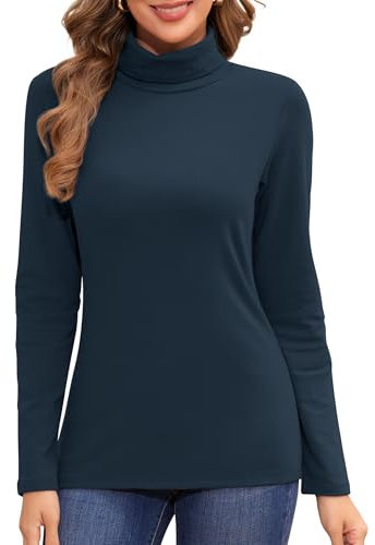 Jiuday Thermo Oberteil Damen Rollkragen Fleece Pullover Thermoshirt Langarm Warme Thermo Unterhemd Gefüttert Langarmshirt Slim Fit Basic Tops Oberbekleidung Drinnen im Winter (Dunkelblau,M)
