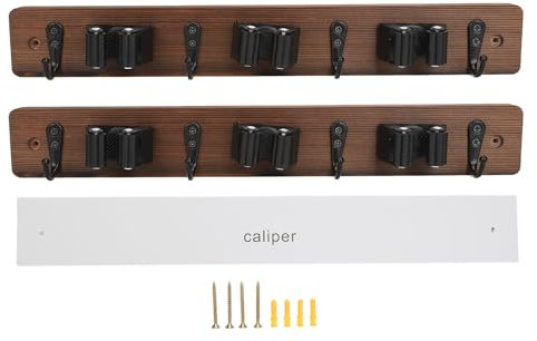 Cleaning Tool Rack, Mop Broom Holder Wall Mount, Wooden Backboard with 3 Rolling Clips and 4 Hooks, Sturdy and Rack for Bathroom Kitchen Laundry, Versatile Storage Organizer