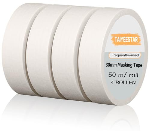Taiyeestar 4 Rouleaux Ruban de Masquage, 30 mm x 50 m, pour travaux de peinture, masking tape, ruban adhésif pour peintre - Blanc