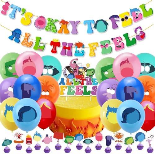 XNAUVOI Decorazioni Compleanno Inside,Kit Festa Compleanno Tema Inside,Inclusa Decorazione Della Torta Banner a Palloncino,Decorazione per Bambini di Compleanno