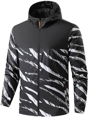 Vexuqedy Veste de pluie pour homme - Imperméable - Veste de transition - Respirante - Veste de course à capuche - Imprimé élégant - Coupe-vent - Veste de loisirs - Oversize - Confortable - Coupe-vent