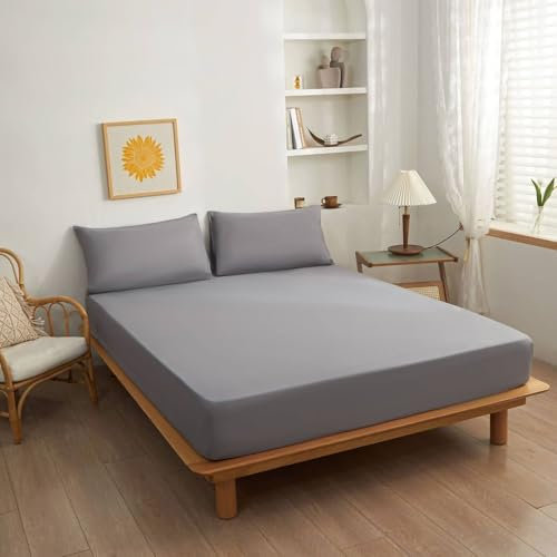 AMDXD Betttuch 100x200cm Allergiker, Spannbettlaken Einfarbig Grau Schlafkomfort, Polyester Laken für Bett Unterbett als Schutz für Boxspringbett & Topper