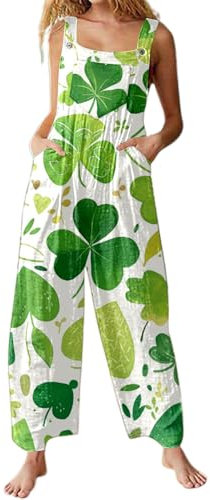 Duohropke Tuta da donna St Patricks Day Costume a quadrifoglio, in cotone e lino, senza maniche, in lino, Verde chiaro, XXL