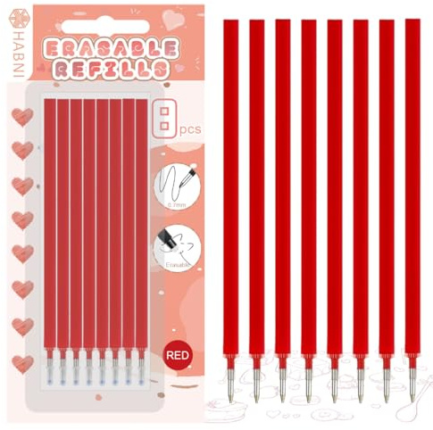 HABNI 8 Piezas Recambios Boligrafos Borrables Rojo, para Bolígrafos Legami, Recambios Borrables Canetas, Punta de 0,7 mm, Tinta Térmica, Envase Blister, Rojo