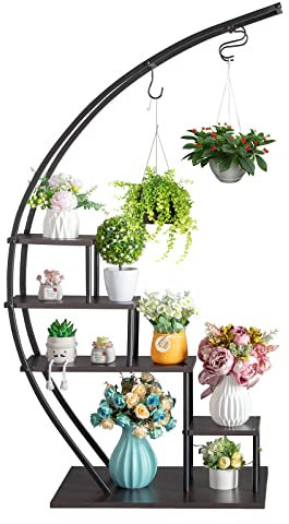 LEADZM Halbmondförmig Pflanzenständer Blumenständer, Metall Holz Blumenhocker Blumentreppe Blumenregal, Blumentopf Ständer Pflanzentreppe für Balkon Garten Wohnzimmer (Schwarz, 1)