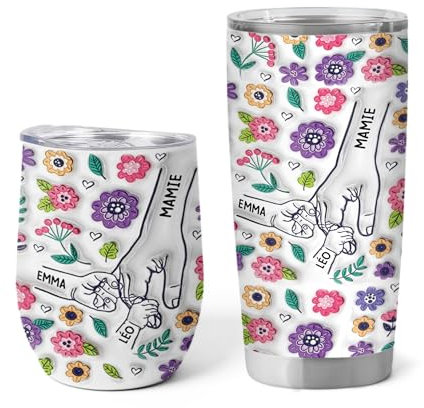 Cadeau Plus Mug Isotherme Personnalisable Prénom - Maman/Mamie Tenant Les Mains Avec Fleurs Pastels - Mug Thermos Personnalisé, Thermos Personnalisable, Tasse A Cafe Isotherme (Modèle #3)