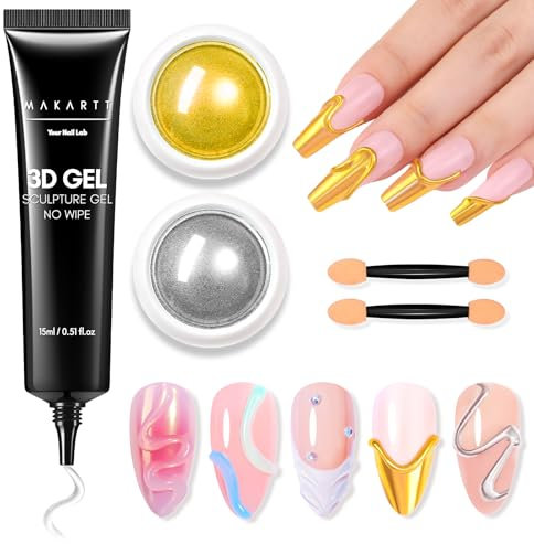 Makartt 3D Nail Gel for Nail Art and Chrome Nail Powder Kit - 15ML Clear 3D Sculpting Gel for Nail Charms Glue and 2 Psc and Metallic Silver Chrome Powder Set for Nail Decoration Manicure