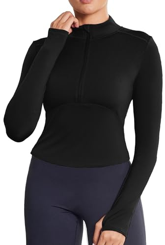 PINSPARK Sportshirt Damen Langarm Laufshirt Slim Fit Funktionsshirt mit 1/2 Zip Langarmshirt Pullover Sport T-Shirt Workout Yoga Tops Gym Oberteil Laufjacke Daumenloch