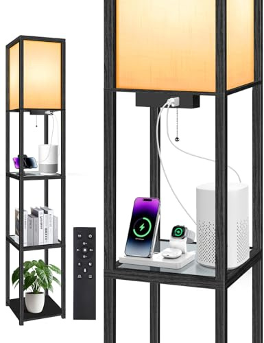 OUTON Lampada da Terra con Ripiani in Vetro, Telecomando, Dimmerabile | 4 Temperature di Colore, Porte USB & Type-C, Lampada da Terra LED Moderna in Legno per Soggiorno, Camera, Ufficio, Nero Opaco