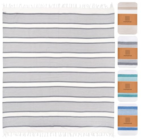 MOMOMUS Stranddecke XXL 210 x 240 cm, Große Picknickdecke, Grau | Strandtuch XXL zum Ausbreiten und Teilen: 210 x 240 cm, trockener Sand lässt sich abschütteln